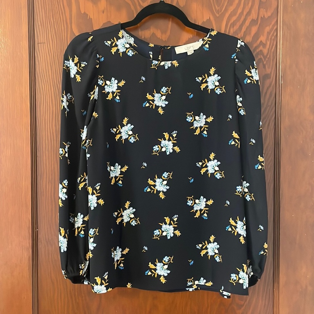 LOFT navy blue with yellow, blue and white floral pattern blouse.